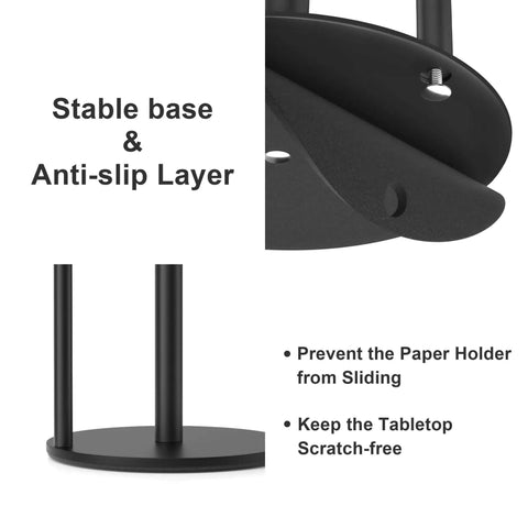 Bottom view of Matte Black Stainless Steel Paper Towel Holder With Weighted Base, highlighting anti-slip layer and stable design.