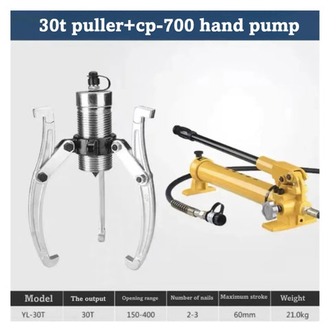 Heavy Duty Hydraulic Gear Puller And Wheel Bearing Removal Tool With Quick Release Hand Pump for 30-ton capacities.