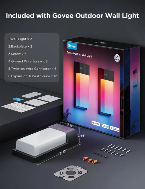 Govee Outdoor Wall Light two pack unboxing including wall lights, backplates, screws, and accessories. Next Level Outdoor Wall Lights Two Pack Smart RGBIC Porch Fixtures Hella Bright Waterproof Patio Bulbs App Controlled Landscaping Accents Sick Dynamic Gradients And Dope Ambient Glow.
