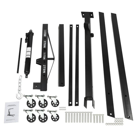Heavy Duty Folding Engine Hoist And Cherry Picker Shop Crane components, including hydraulic motor, caster wheels, and metal parts.