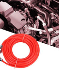 Heavy Duty 49 Foot Air Compressor Hose With Male Female Quick Connect Couplers Runs Smooth For Shop Tasks And Tire Fill High Pressure, red hose with connectors against an engine backdrop.