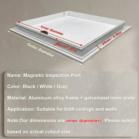 Built Tough Heavy Duty Ceiling Access Panel With Secure Magnetic Push Latch For Drywall Basements And Attics Flush Mount with measurements and colors.
