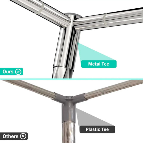 Adjustable Stainless Steel Canopy Bed Frame Fits Twin Full Queen King Sizes Rock Solid Thick Metal Brackets For Mosquito Netting Top Shelf Heavy Duty Design Sweet Sleep Setup Straight Up Built Tough, showing metal tee structure.