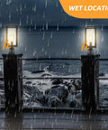 Large 15 Inch Dusk To Dawn Outdoor Post Light With Waterproof Cast Aluminum Construction in rainy setting by waterfront