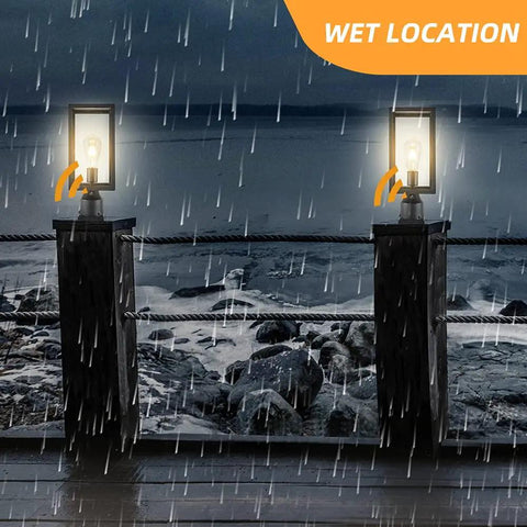 Large 15 Inch Dusk To Dawn Outdoor Post Light With Waterproof Cast Aluminum Construction in rainy setting by waterfront