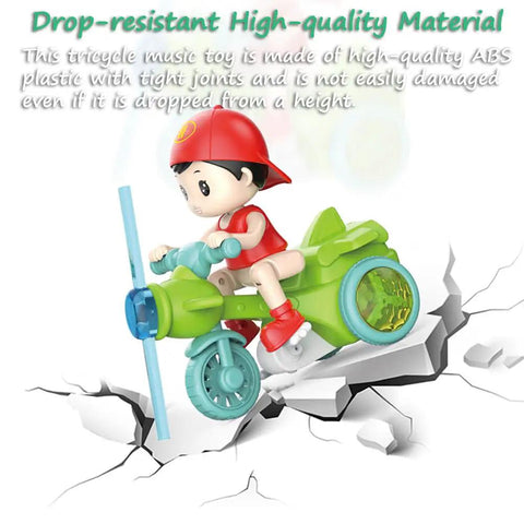 360 Degree Stunt Tricycle Toy With LED Lights And Dynamic Music Ride Simulation Pedicab STEM Spinning Electric Trike For Kids Durable Red Frame Non Slip Pedals Realistic Riding Experience Safe Easy Grip Steering, red ABS plastic toy rider on green tricycle