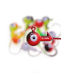 Top Shelf Ball Head Jig Heads Set With Razor Sharp High Carbon Steel Hooks For Freshwater Saltwater Fishing 1 32oz To 1 2oz Assorted Two Tone 50 Piece Pack showing red jig head close-up.