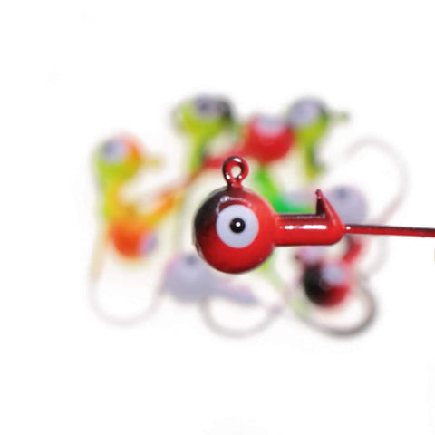 Top Shelf Ball Head Jig Heads Set With Razor Sharp High Carbon Steel Hooks For Freshwater Saltwater Fishing 1 32oz To 1 2oz Assorted Two Tone 50 Piece Pack showing red jig head close-up.