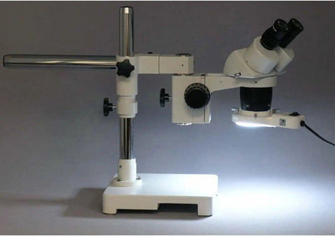 Binocular Microscope With Boom Stand And Fluorescent Ring Light SW-3B24-FRL, 10x And 40x Magnification, 2x/4x Objectives, WH10x Eyepieces, Great For Home Science Nerds And Classroom Projects, 110V-120V Power, side view with illuminated base