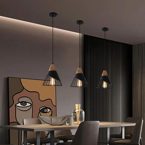Dope Black Farmhouse Wooden Pendant Light With Rustic Wood And Metal Design above dining table in modern room