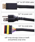 Ten Foot Split Wire Loom Cord Protector Sleeve One Quarter Inch Diameter Black Cable Management For USB Power HDMI Audio Video Cables Easy Load Split Design Keeps Cords Safe From Cat Chewing with HDMI, power, and small wires shown