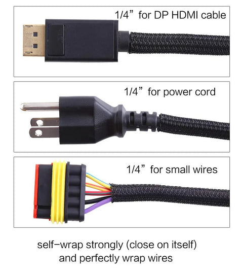 Ten Foot Split Wire Loom Cord Protector Sleeve One Quarter Inch Diameter Black Cable Management For USB Power HDMI Audio Video Cables Easy Load Split Design Keeps Cords Safe From Cat Chewing with HDMI, power, and small wires shown