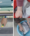 Hands demonstrating cleaning steps for Heavy Duty Portable Wardrobe Closet With Zipper Dust Shield Cover, showing fabric and water.