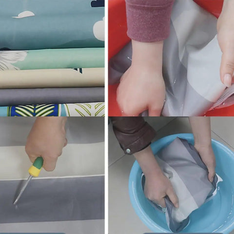 Hands demonstrating cleaning steps for Heavy Duty Portable Wardrobe Closet With Zipper Dust Shield Cover, showing fabric and water.