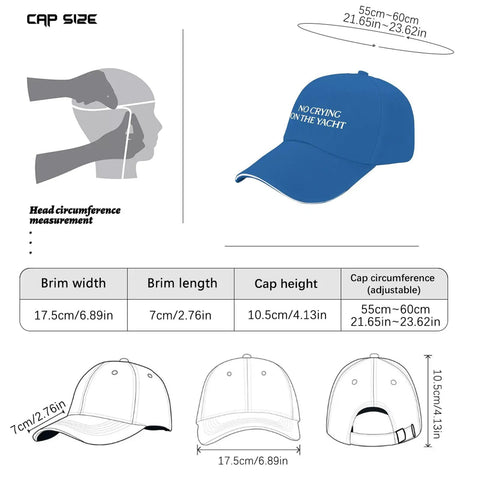 Blue Golf Hat For Daughter Adjustable Cap With Cool Style And All Day Comfort size chart and dimensions in cm and inches