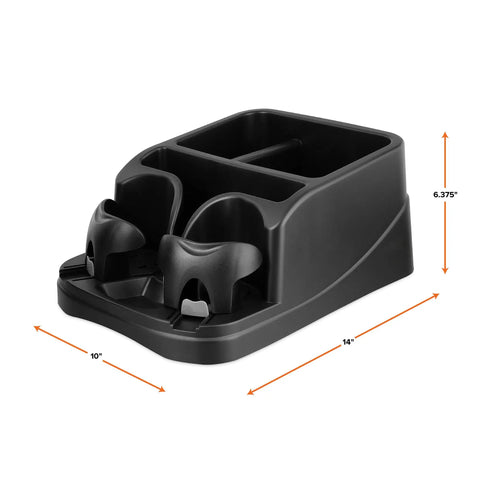 Car Console Organizer With Two Adjustable Cup Holders And Three Large Storage Compartments, Middle Seat Organizer With Seat Belt for Secure Hold, Keeps Your Ride Tidy, Phones, Wallets, And Snacks Within Reach In Cars, Trucks, And Minivans, Dimensions 10x14 inches, Height 6.375 inches