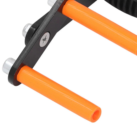 Pro Crew Approved Built Tough Heavy Duty Plywood Carrier And Panel Lifting Clamp Designed For No Sweat Hauling Glass Drywall Sheets Stainless Steel Puller with orange handles.