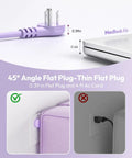 Purple Travel Power Strip With Four Outlets And Three USB Ports Including USB C Four Foot Wrapped Extension Cord Flat Plug Cruise Ready And Hotel Room Essentials For Easy Packing showing 45-degree flat plug design.