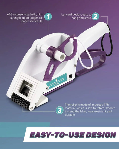 Close-up of Portable Handheld Label Applicator Gun For Barcodes And Stickers, featuring lanyard design and durable ABS plastic.