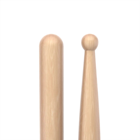 Maple SD2 Wood Tip Drum Sticks For Concert Orchestral And Drum Set Use Ultra Light With Small Neck For Precise Control On Soft Passages And Live Jams Great For Players Seeking Smooth Feel. Two maple drum sticks, one wood tip close-up