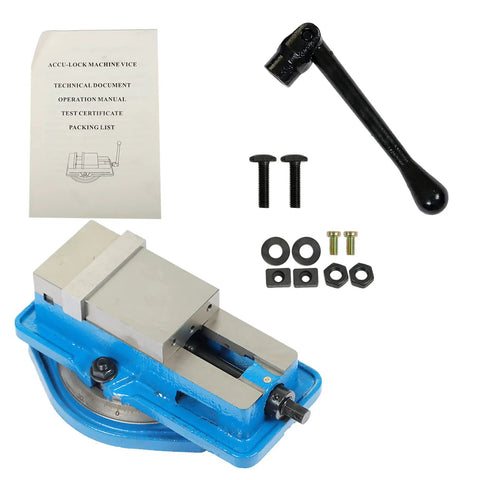 Beefy 3 Inch Precision Mill Vise With 360 Degree Swivel Base For CNC Milling Machines, Heavy Duty Milling Vise Fits Machining Centers, Durable Cast Iron Body With Steel Jaw, 3.2 Inch Jaw Opening, shown with handle, hardware, and manual