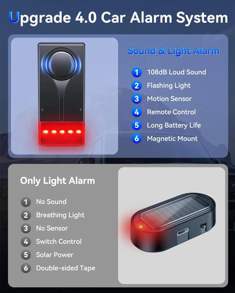 108dB Car Alarm System With Vibration Sensor And Red Light Warning Wireless Remote Anti Theft Device With Magnetic Mount Easy Install For Cars And Trucks Upgraded 4.0 Tech For Real Deal Peace Of Mind, front and side views