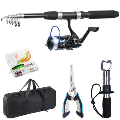 6.9 Foot Telescopic Fishing Rod And Reel Combo With Pliers And Lip Gripper, All In One Starter Kit, Lures And Carry Bag In Blue