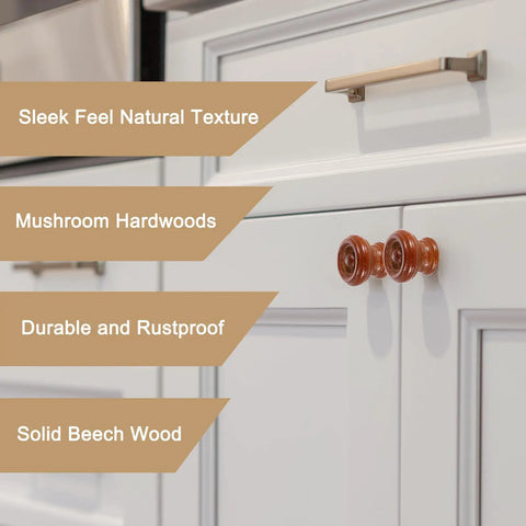 Upgrade Your Kitchen Game With These Swell Red Wooden Cabinet Knobs And Round Drawer Pulls Perfect For Dresser Furniture Makeovers And Top Notch Hardware Upgrades That Look Rad In Any Room, mushroom hardwood cabinet knobs on white kitchen cabinet.