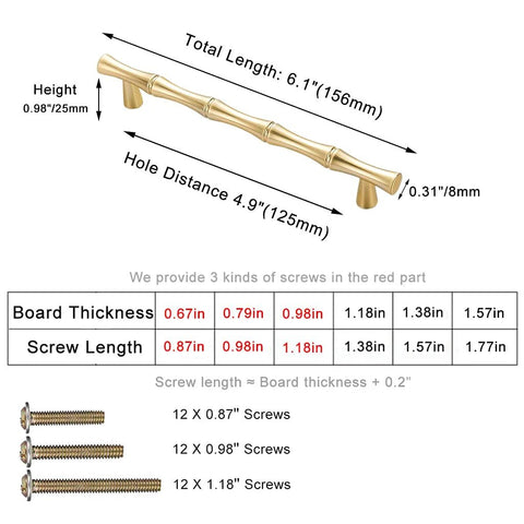 Dimensions and screws of Bamboo Shape Solid Zinc Alloy Cabinet Knobs Set Of 6 In Golden Finish For Drawers
