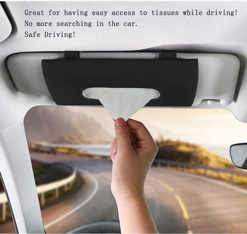 Sleek Genuine Leather Car Tissue Holder Sun Visor Napkin Dispenser in use, providing easy access to tissues while driving.