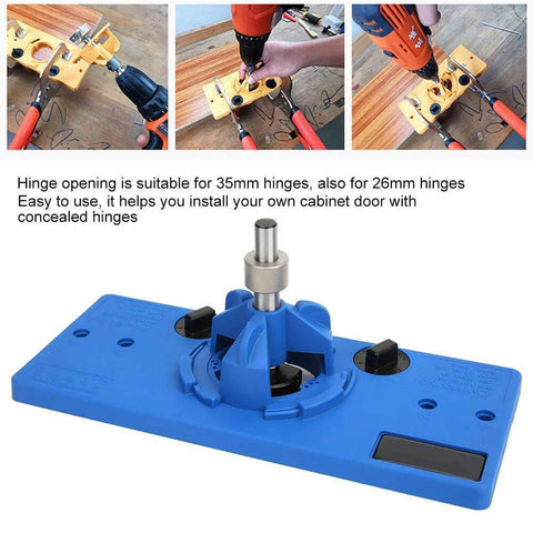 Front view of blue plastic hinge boring jig for cabinet doors with 35mm hole opener; includes drill bit and wrench