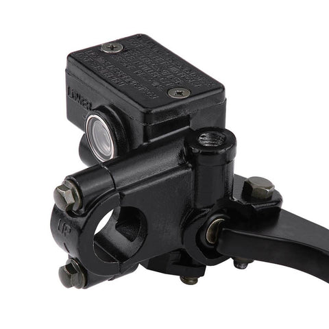 Right Front Hydraulic Brake Master Cylinder for ATV and Motorcycle with adjustable lever, black metal close-up view