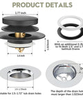 Hassle Free Snap Fit Universal Bathtub Drain Stopper, Pop Up Bath Plug With Matte Black Finish, showing dimensions and features.