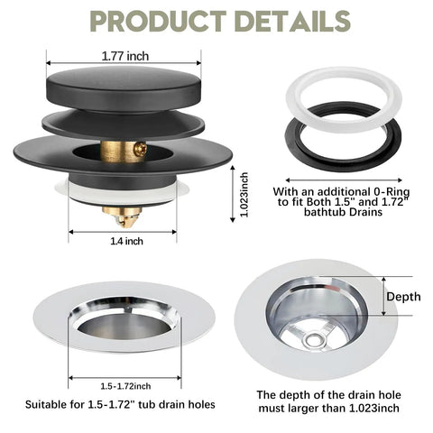 Hassle Free Snap Fit Universal Bathtub Drain Stopper, Pop Up Bath Plug With Matte Black Finish, showing dimensions and features.
