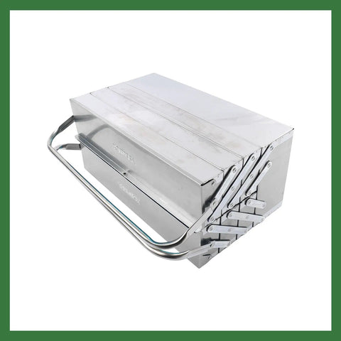 Super Heavy Duty Seven Tray Tool Chest Crafted From Solid Stainless Steel with dual grips for easy handling.