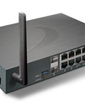 Rock Solid Plug And Play Next Generation Firewall with 2.5 GBPS throughput, showing back ports and antennas for connectivity.