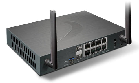 Rock Solid Plug And Play Next Generation Firewall with 2.5 GBPS throughput, showing back ports and antennas for connectivity.