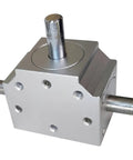 Compact Heavy Duty Right Angle Gearbox Featuring Three Output Shafts for smooth low noise power transfer under two thousand rpm.