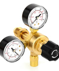 Front-angled view of brass argon/CO2 welding regulator with dual gauges and CGA580 fitting