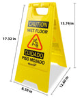 Bright yellow A-frame caution wet floor sign, double-sided, bilingual, 17.32 x 12.60 inches, visible from afar for safety.