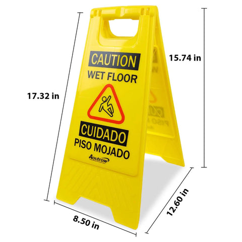 Bright yellow A-frame caution wet floor sign, double-sided, bilingual, 17.32 x 12.60 inches, visible from afar for safety.
