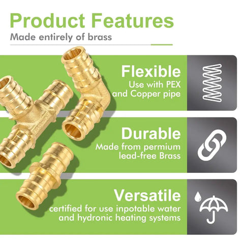 Close-up of 30 Pack PEX A Combo Fittings Set With Elbow Tee And Coupling, made of heavy duty lead-free brass.