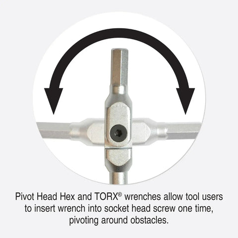 Pivot Head Hex Pro Wrench demonstrating pivot mechanism with double arrows, part of the Pivot Head Hex Pro Wrench Set 3 4 5 6 8 10mm Six Piece Chrome Wrenches With Pouch.