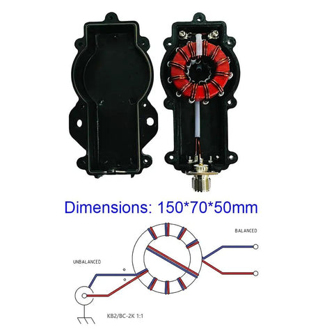 3-54 MHz 1:1 Current Balun For Dipole Antennas, internal view showing toroid core, dimensions 150x70x50mm