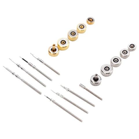 Pro Grade Watch Repair Kit With Stem Extender And Crown Replacement Parts, includes metal stems and gold silver crowns