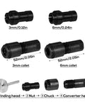 Four Piece Angle Grinder To Straight Chuck Adapter Set with 3Mm And 6Mm Collets, 5/8-11 Arbor, shown in black steel components.