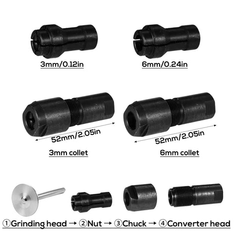 Four Piece Angle Grinder To Straight Chuck Adapter Set with 3Mm And 6Mm Collets, 5/8-11 Arbor, shown in black steel components.