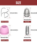 Dimensions of components in the Pro Grade Plasma Cutter Torch Consumables Kit 50-Piece Set; includes nozzle, wire guide, shield cup, electrode.