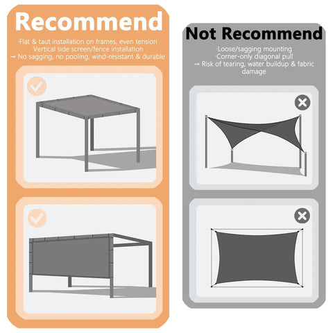 Recommended and not recommended installation of 90 Percent Sun Shade Cloth For Outdoor Deck Backyard Patio Garden Pergola Cover Canopy Gray