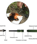 Three Pack Ferro Rod Fire Starters With Scraper Striker igniting fire on ground, ferrocerium rod, striker, and weatherproof handle shown.
